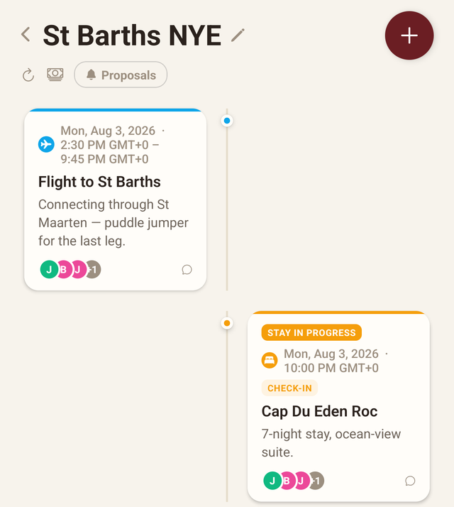 Gruplana's shared trip itinerary, showing a flight, a hotel stay in progress, and a dinner plan on one timeline